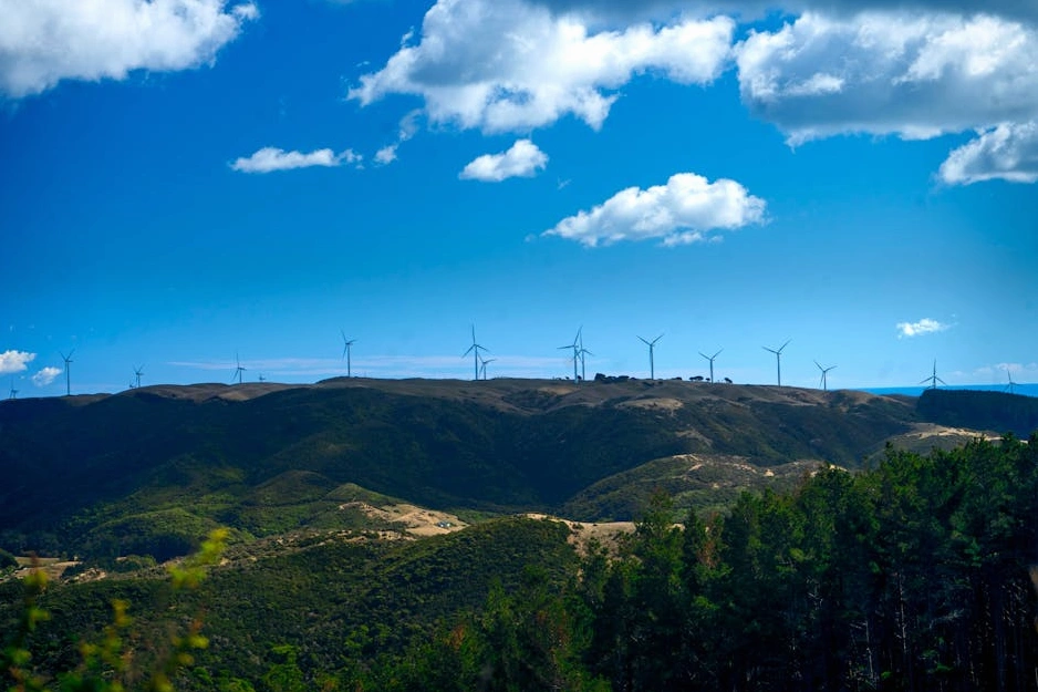 Minimalist view of a modern wind farm at sunset